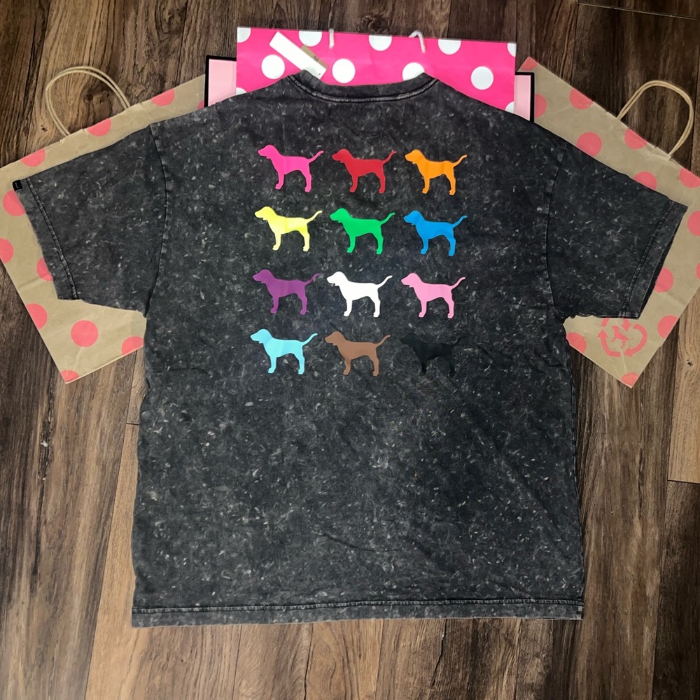 NWT VS PINK ONE SIZE HTF Rainbow Multi-Colored Dog Logo Campus Tee.
